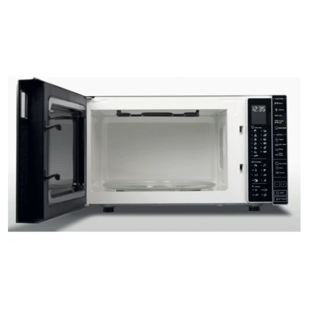 Micro-ondes Whirlpool MWP303SB avec porte en verre et boutons de commande visibles. Accessoires pour micro-ondes.