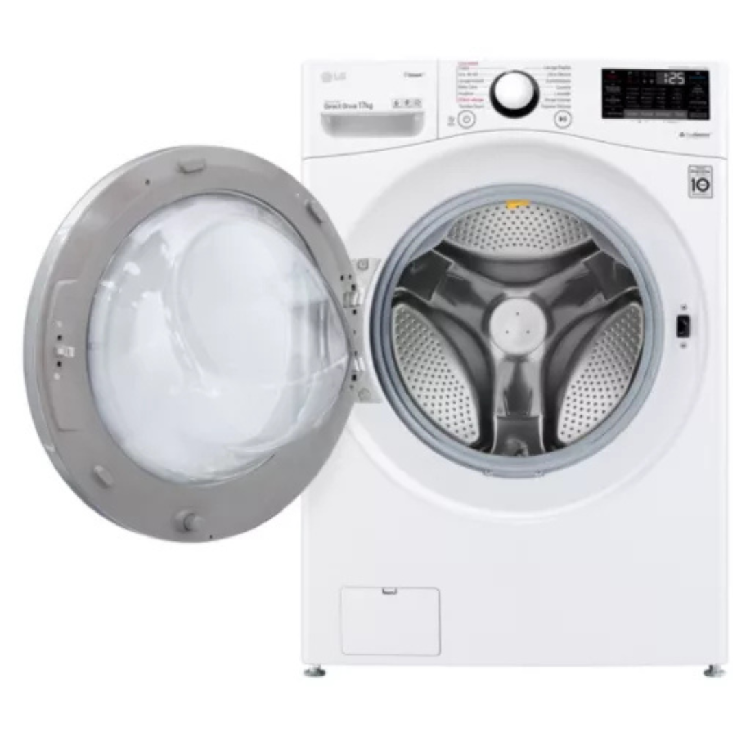 Lave-linge LG F71P12WHS avec porte blanche, affichage numérique et détails du panneau de contrôle visible.
