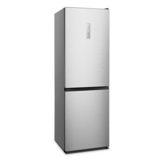 Réfrigérateur Hisense RB390N4CCD1 avec porte blanche et espace de rangement intérieur visible.