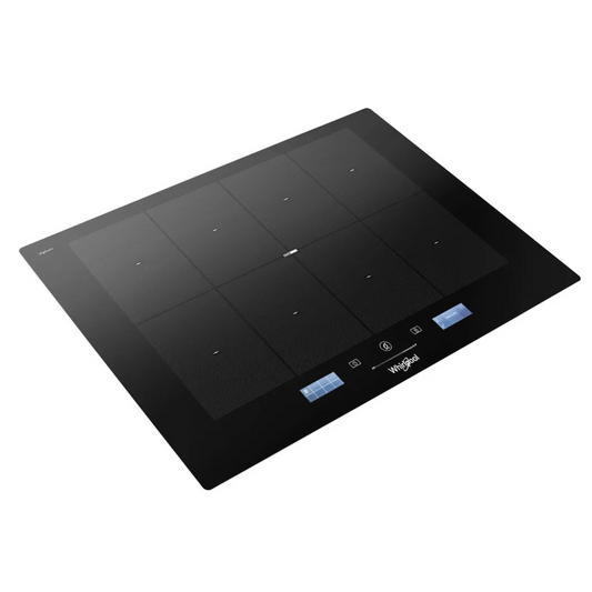 Table de cuisson Whirlpool SMP778CNEIXL avec quatre zones de cuisson et commandes tactiles, vue en plan.