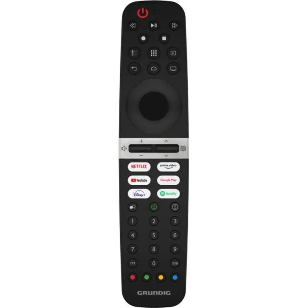 Télévision Grunding 32GHH6500 avec écran plat, cadre noir et télécommande visible sur l'écran.