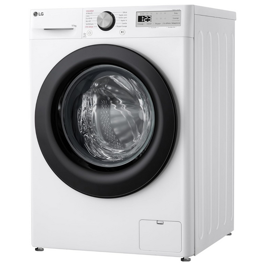 Lave-linge LG F14R15WHS avec porte en verre, commande numérique et tambour en acier inoxydable, vue de face.