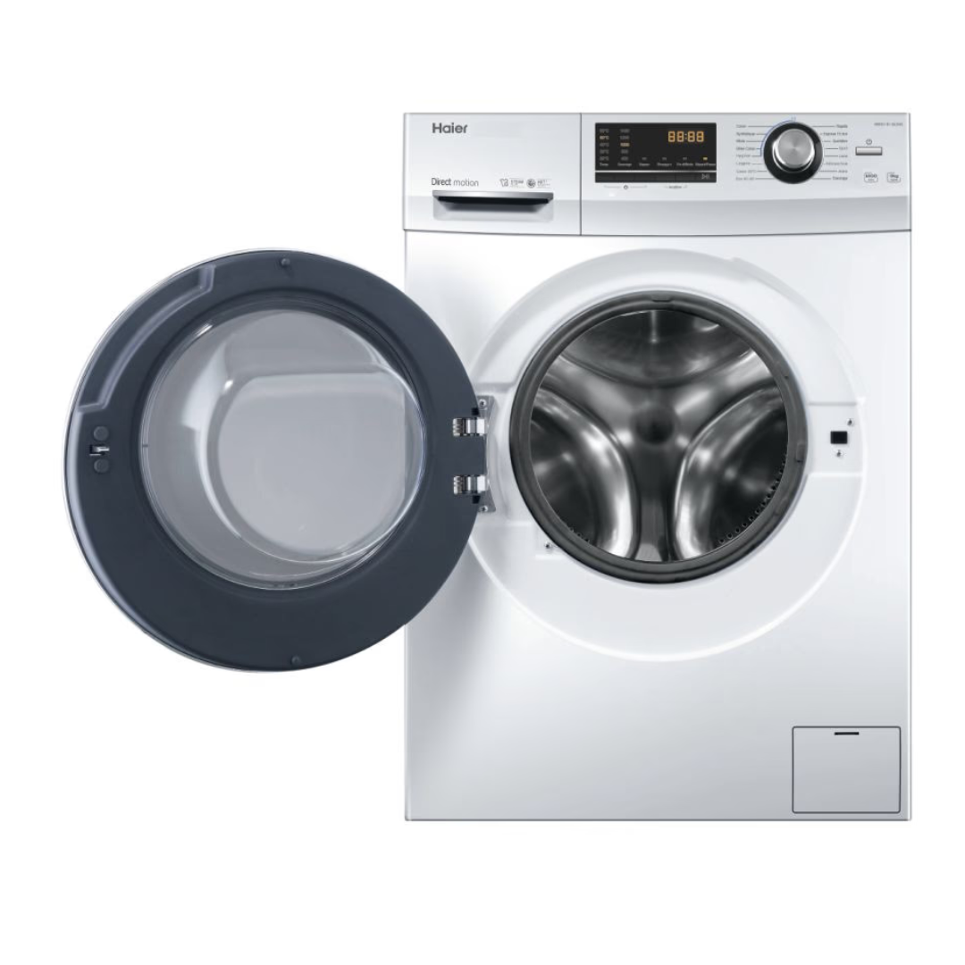 Lave-linge Haier HW90-B14636N avec porte en verre et panneau de contrôle numérique, vue de face.