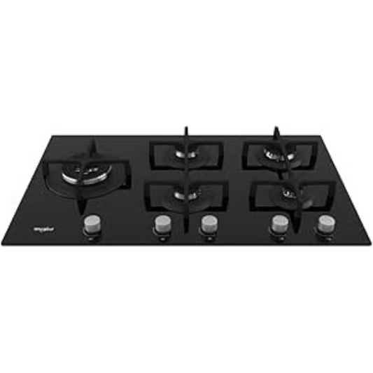 Table de cuisson Whirlpool Goa9523NB avec quatre zones de cuisson, vue de l'ensemble de la plaque en acier inoxydable.