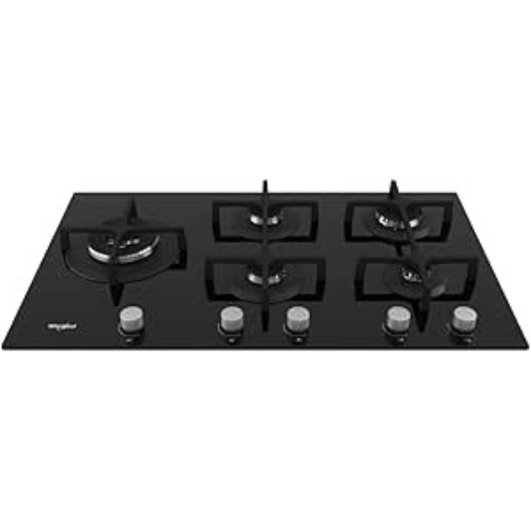 Table de cuisson Whirlpool Goa9523NB avec quatre zones de cuisson, vue de l'ensemble de la plaque en acier inoxydable.