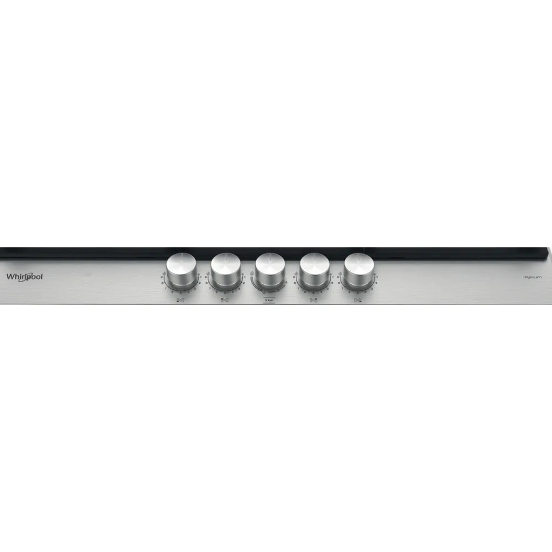 Table de cuisson Whirlpool GMWL 758/IXL avec surface en verre noir et commandes tactiles.