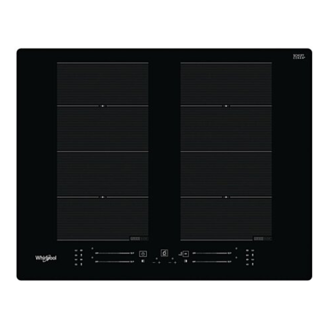 Table de cuisson induction encastrable Whirlpool WF S8865 NE avec surface en verre et commandes tactiles.