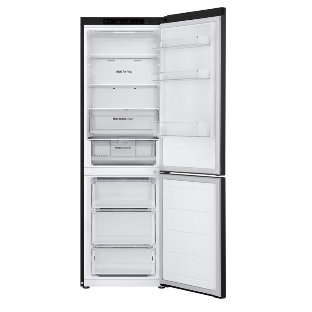 Réfrigérateur LG GBV3100EEP avec portes en acier inoxydable, étagères en verre et espace de rangement intérieur.