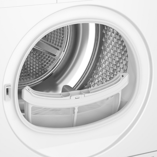Séche linge BEKO DCB816W avec porte blanche et panneau de contrôle moderne, vu de face.