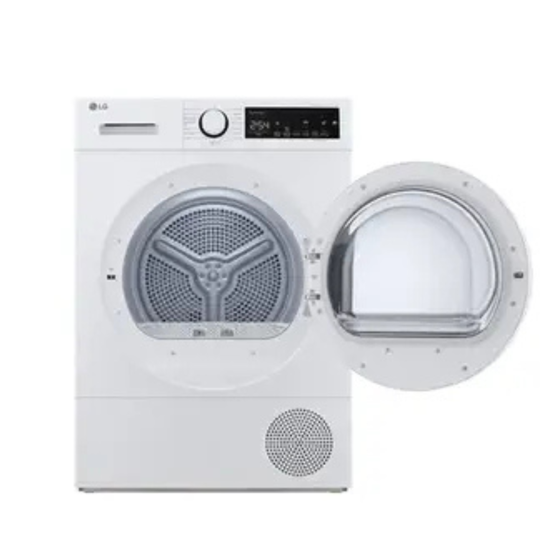 Sèche-linge LG RH8D13WH blanc avec porte et panneau de contrôle visible, prêt à sécher le linge.