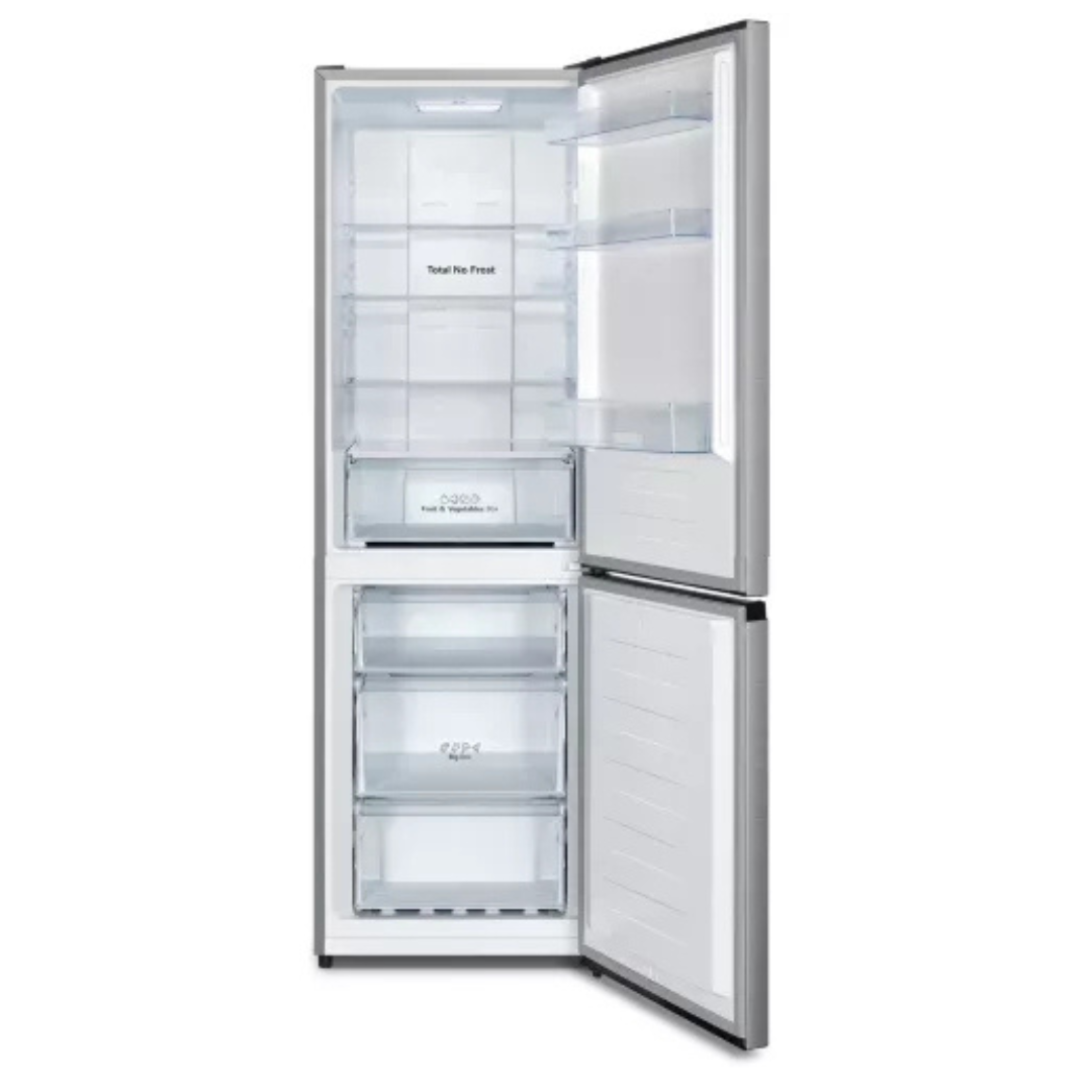 Réfrigérateur HISENSE RB390N4CCD1 avec portes en acier inoxydable et espace de rangement intérieur visible.