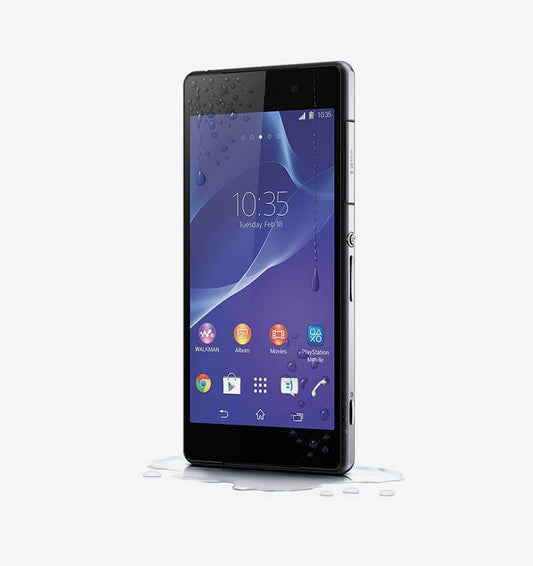 Téléphone portable Sony Xperia Z2 de la marque Cellphones, vue de face avec écran allumé et design élégant