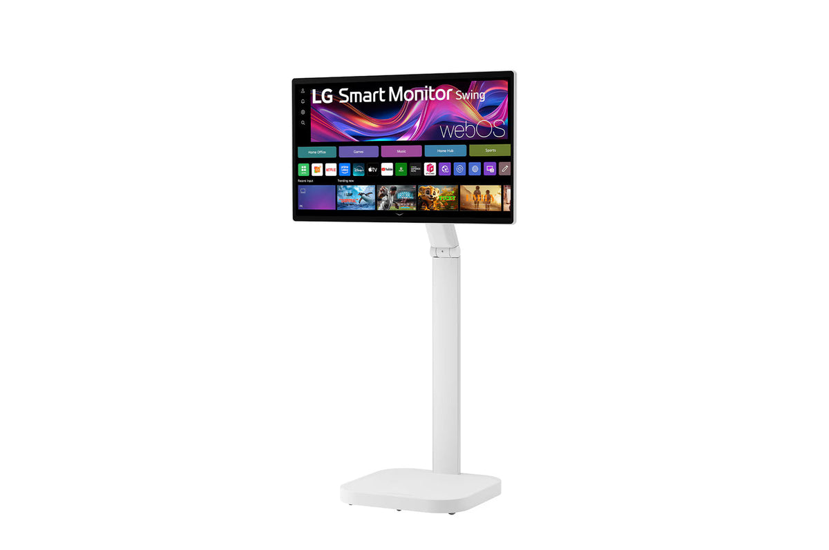 Écran LG 32U889SA-W, moniteur 32" UHD 4K IPS avec support inclinable et batterie intégrée.