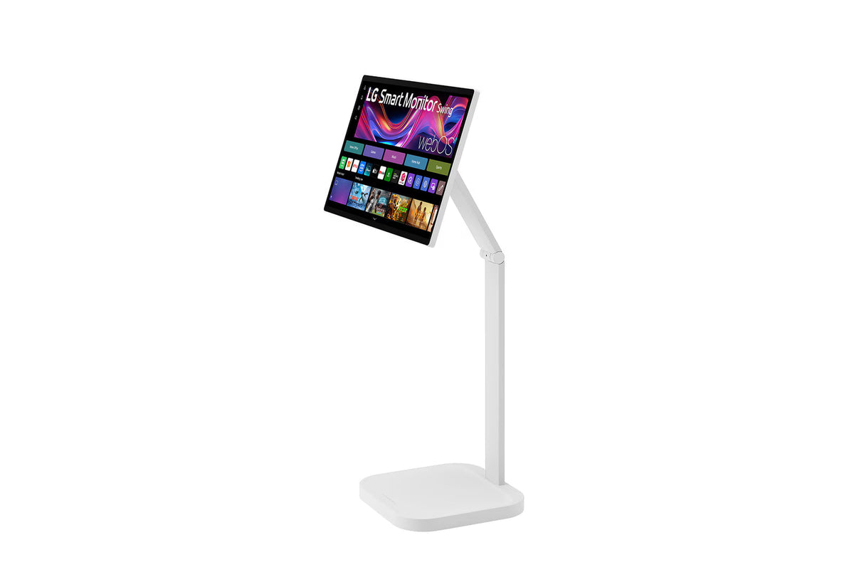 Écran LG 32U889SA-W, moniteur Smart 32" UHD 4K IPS avec support inclinable et batterie intégrée, affichage clair et vibrant.