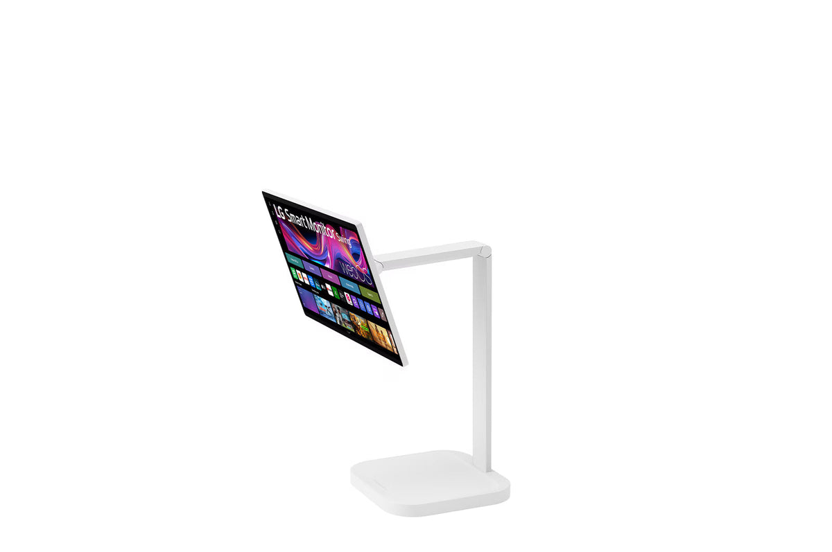 Écran LG 32U889SA-W, moniteur Smart 32" UHD 4K IPS avec support inclinable et batterie intégrée, affichant une interface utilisateur.