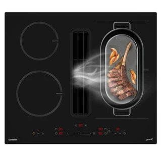 Plaque de cuisson avec hotte intégrée Comfee Table de cuisson à induction aspirante 60 cm 4 foyers + hotte intégrée 638m³/h avec kit évacuation plinthe, 7400W, A++
