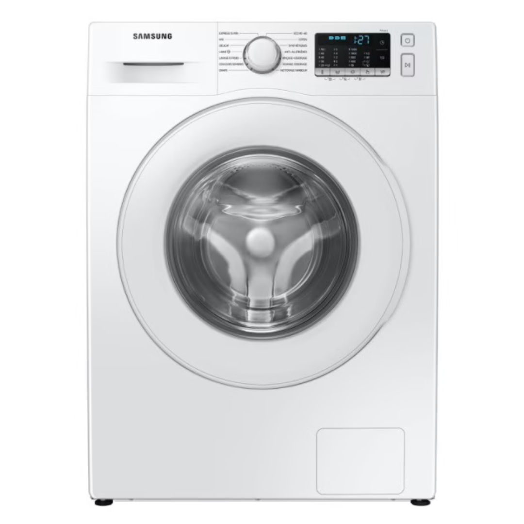 Lave-linge Samsung WW80TA026TE/EF avec porte en verre et panneau de contrôle moderne, vue de face.
