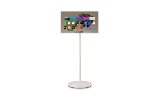 Téléviseur LG StanbyME 27" sans fil avec pied et batterie intégrée, écran moderne et portable pour la maison.