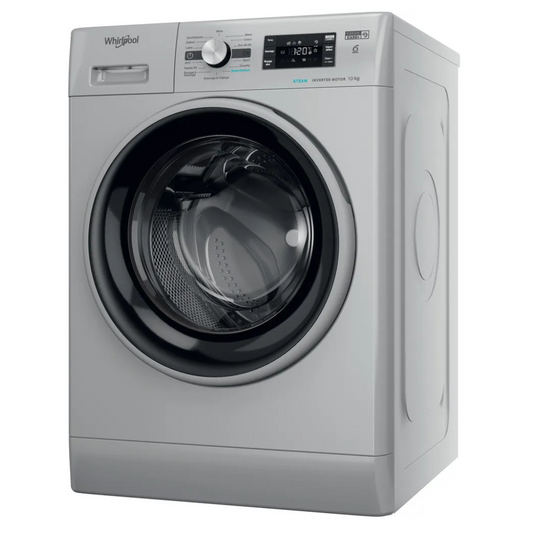 Lave-linge Whirlpool FFBP10469SBSVFR avec porte en verre, affichage numérique et tambour en acier inoxydable.