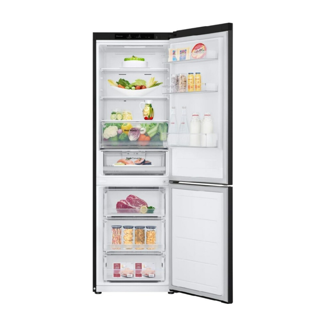 Réfrigérateur LG GBV3100EEP avec portes en acier inoxydable et espace de stockage intérieur visible.