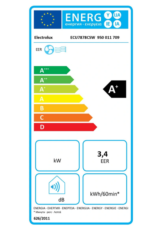 Electrolux ECU7878CSW Comfort 700 Mobiele Airconditioner – 3400 W, Klasse A+, Inverter, HEPA-filter, 43 dB