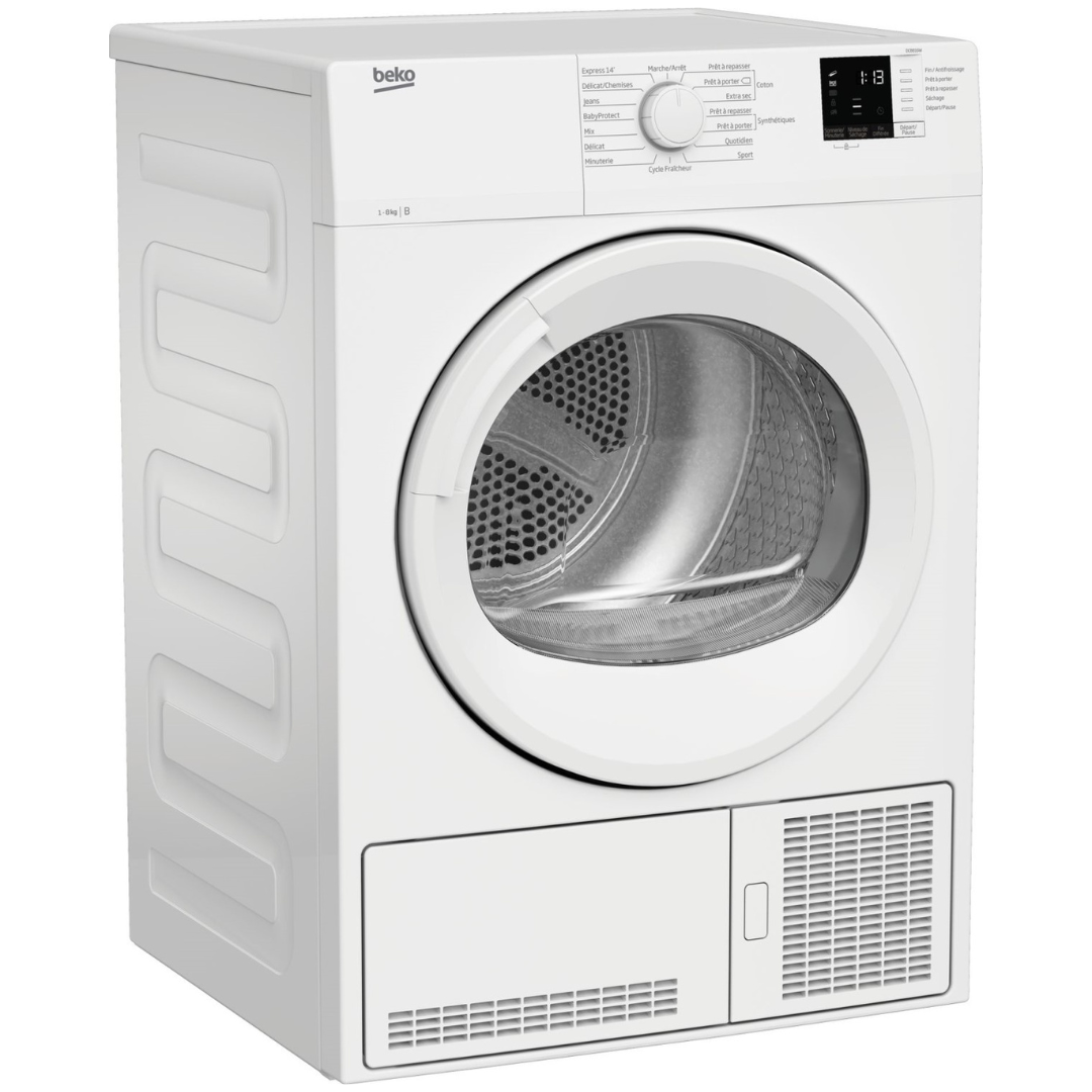 Séche linge BEKO DCB816W avec porte blanche, affichage digital et commandes intuitives, prêt à sécher le linge efficacement.
