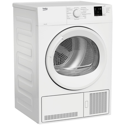 Séche linge BEKO DCB816W avec porte blanche, affichage digital et commandes intuitives, prêt à sécher le linge efficacement.