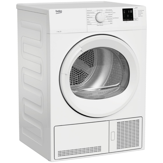 Séche linge BEKO DCB816W avec porte blanche, affichage digital et commandes intuitives, prêt à sécher le linge efficacement.