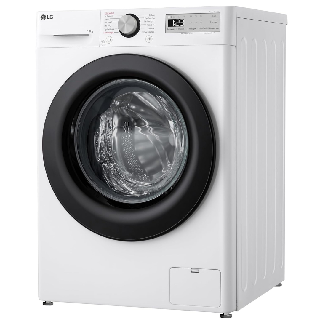 Lave-linge LG F14R15WHS avec porte en verre, commande numérique et tambour en acier inoxydable, vue de face.