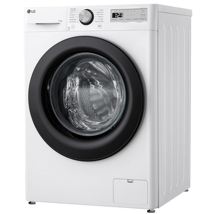 Lave-linge LG F14R15WHS avec porte en verre, commande numérique et tambour en acier inoxydable, vue de face.