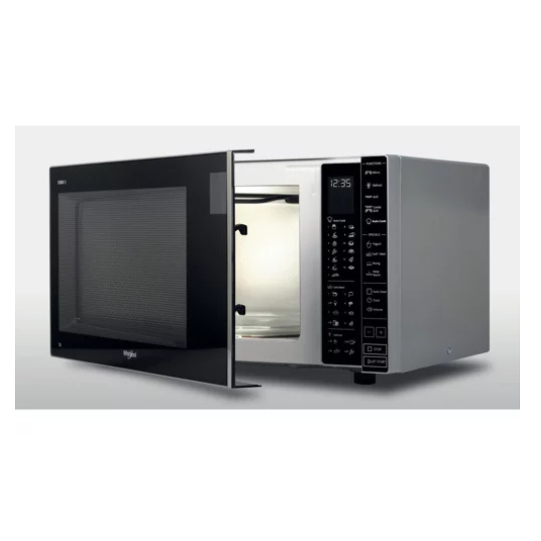 Micro-ondes Whirlpool MWP303SB avec porte en verre et boutons de commande, vue de face.