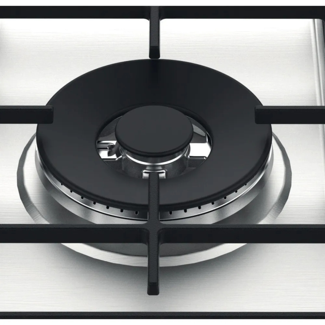 Table de cuisson Whirlpool GMWL 758/IXL en acier inoxydable avec 4 zones de cuisson.