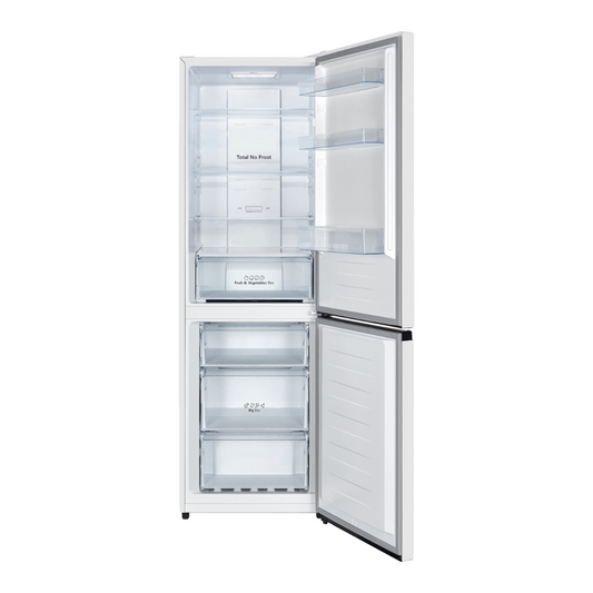Réfrigérateur HISENSE FCN300AWE1 blanc avec portes doubles et étagères en verre, intérieur spacieux et compartiments de rangement.