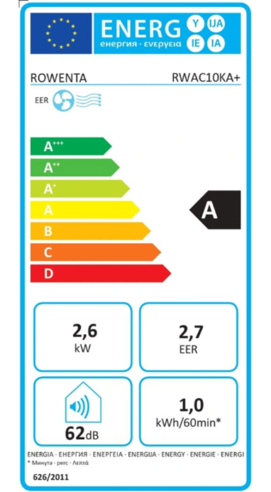 Mobiele Airconditioner Rowenta RWAC10KA+ – 10000 BTU, Klasse A, 4 Functies, 62 dB
