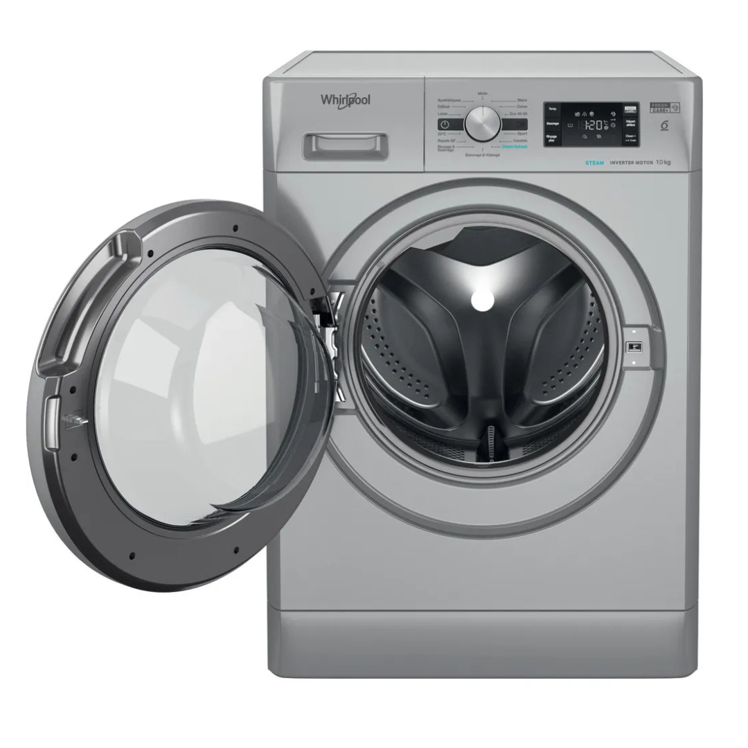 Lave-linge Whirlpool FFBP10469SBSVFR avec porte en verre et panneau de contrôle moderne, vue de face.