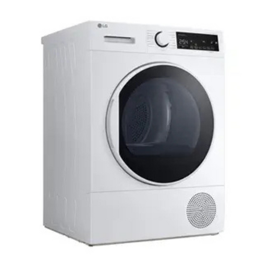 Sèche-linge LG RH8D13WH blanc avec porte vitrée et commandes digitales, vue de face.