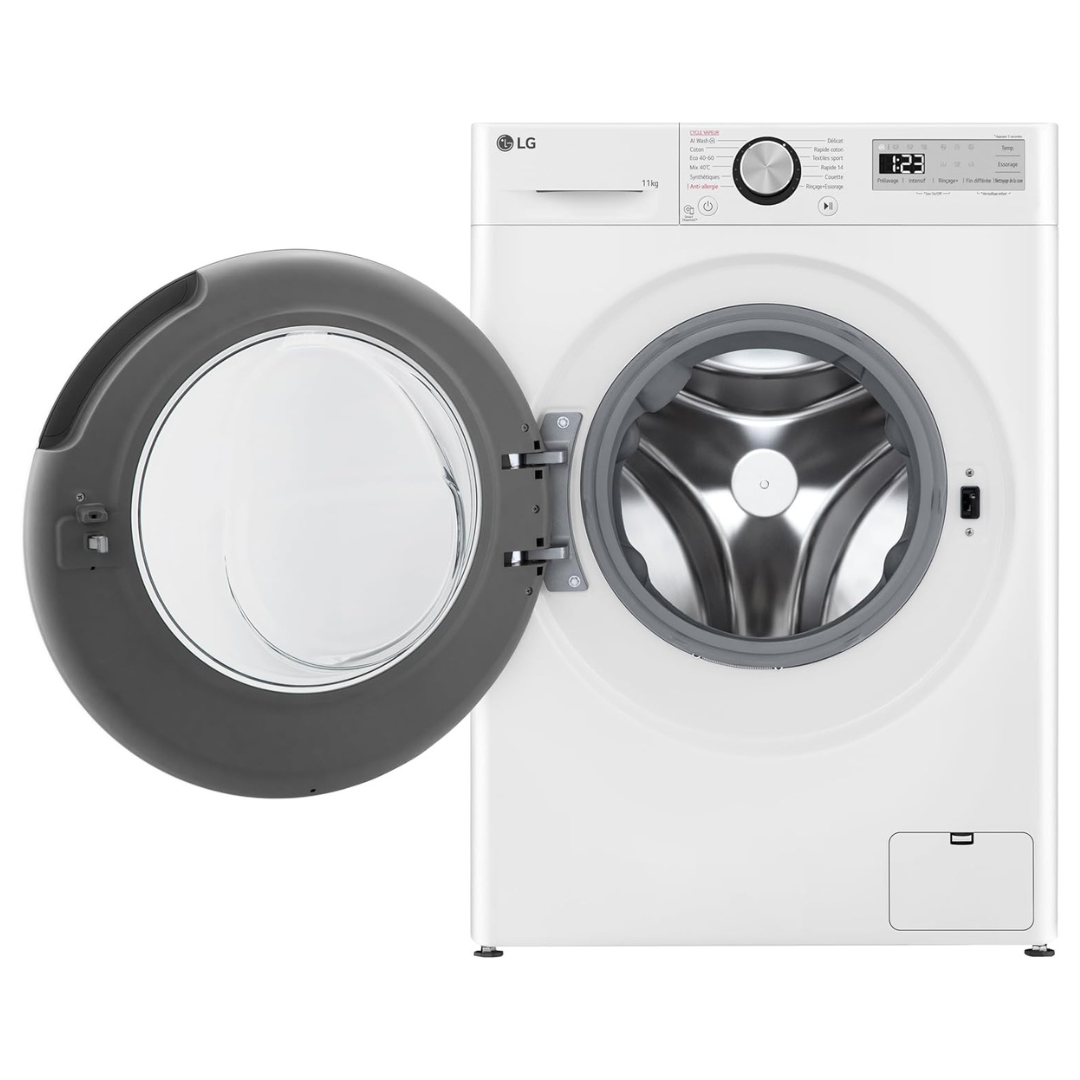 Lave-linge LG F14R15WHS avec porte blanche et écran de contrôle numérique visible.