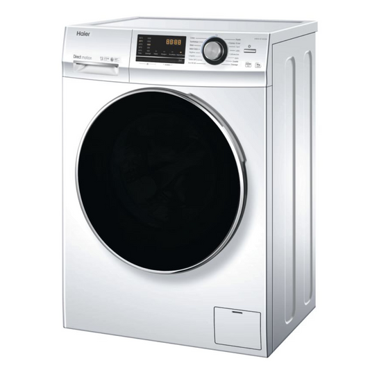 Lave-linge Haier HW90-B14636N avec porte blanche et écran numérique, vue de face, moderne et élégant.