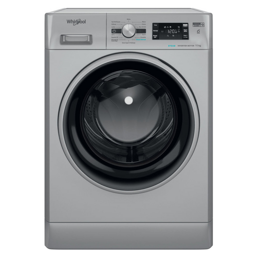 Lave-linge Whirlpool FFBP10469SBSVFR avec porte en verre et commandes numériques, vue de face.