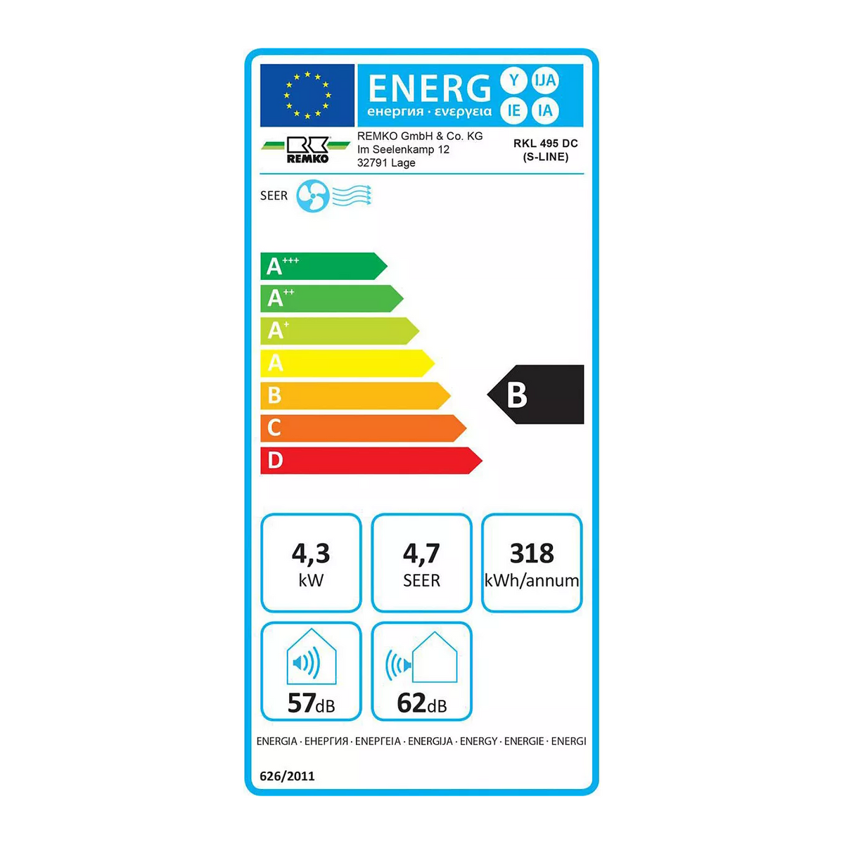 Mobiele split airconditioner Remko RKL 495 DC – 4300 W, Klasse B, Inverter, 57 dB, 80 m²