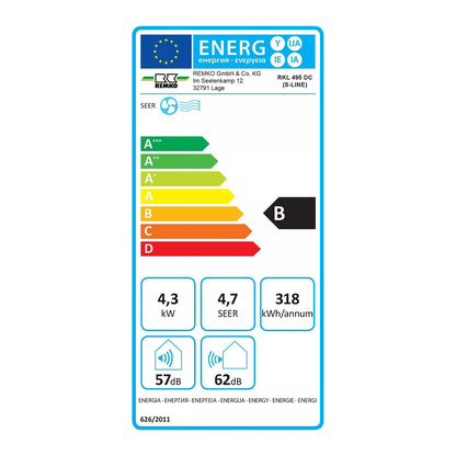 Mobiele split airconditioner Remko RKL 495 DC – 4300 W, Klasse B, Inverter, 57 dB, 80 m²