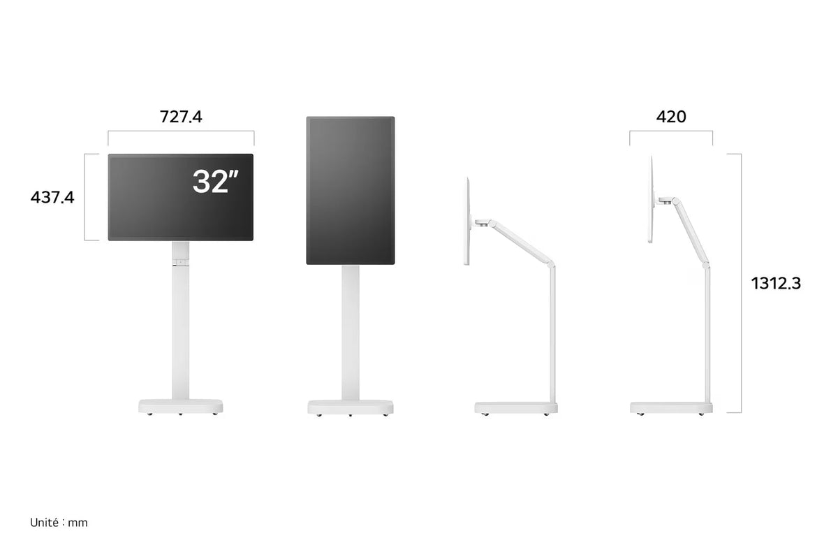 Écran LG 32U889SA-W, moniteur Smart 32" UHD 4K IPS avec support inclinable et batterie intégrée, affichant une image claire et lumineuse.