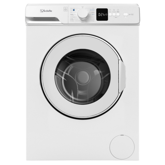 Lave-linge LF Vedette LFV274W avec porte blanche et panneau de contrôle en haut, vue de face.